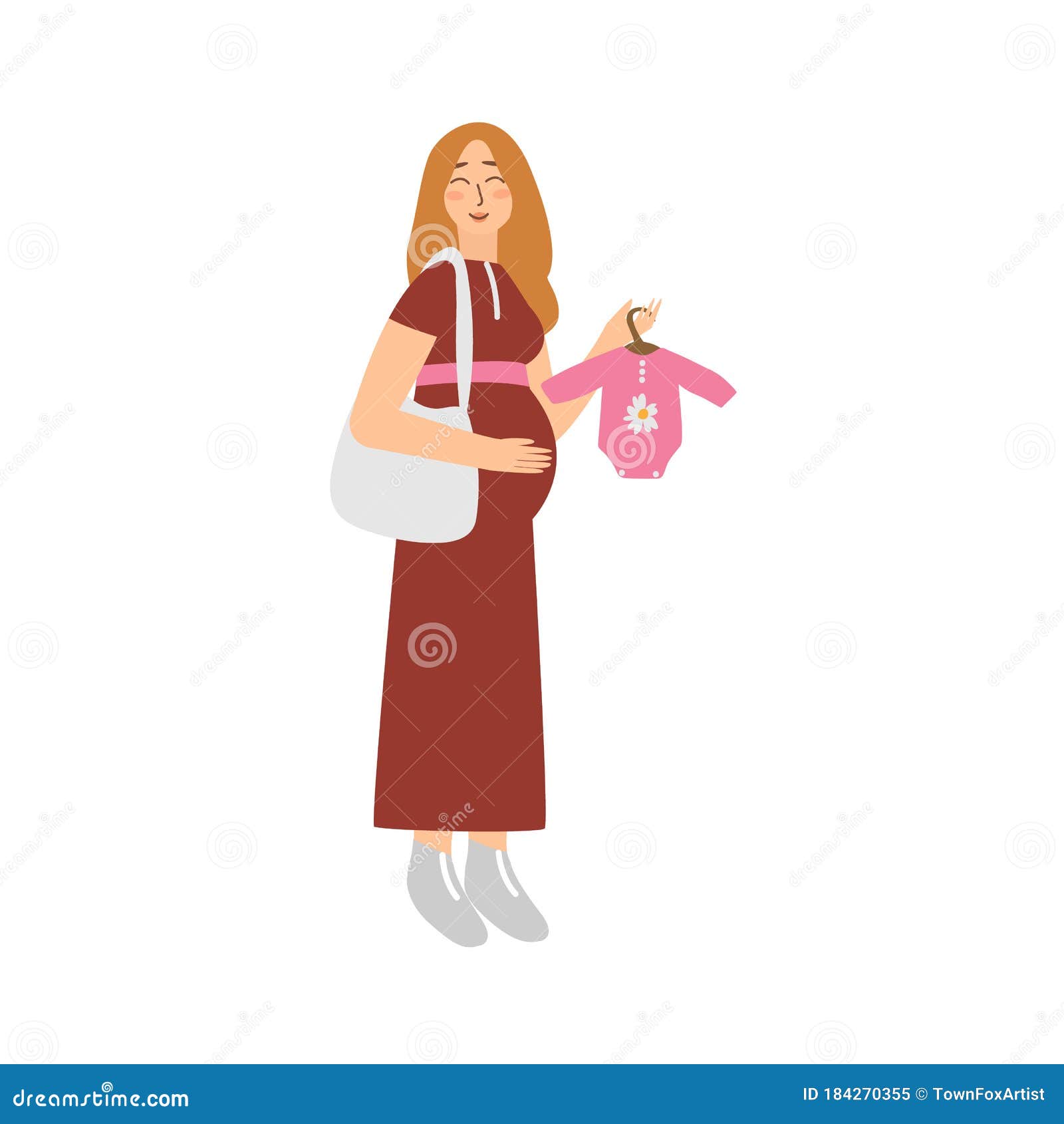 Young Happy Pregnant Woman Shopping with Shopper Bag Vector ...