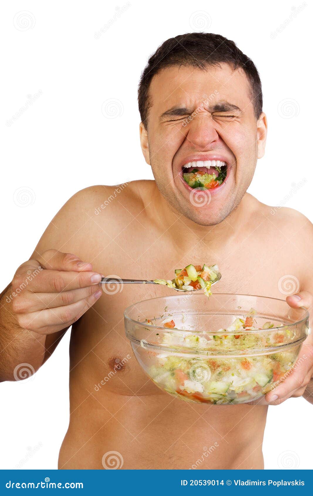 Young Happy Smiling Man Eating Salad Stock Photo - Image of happy