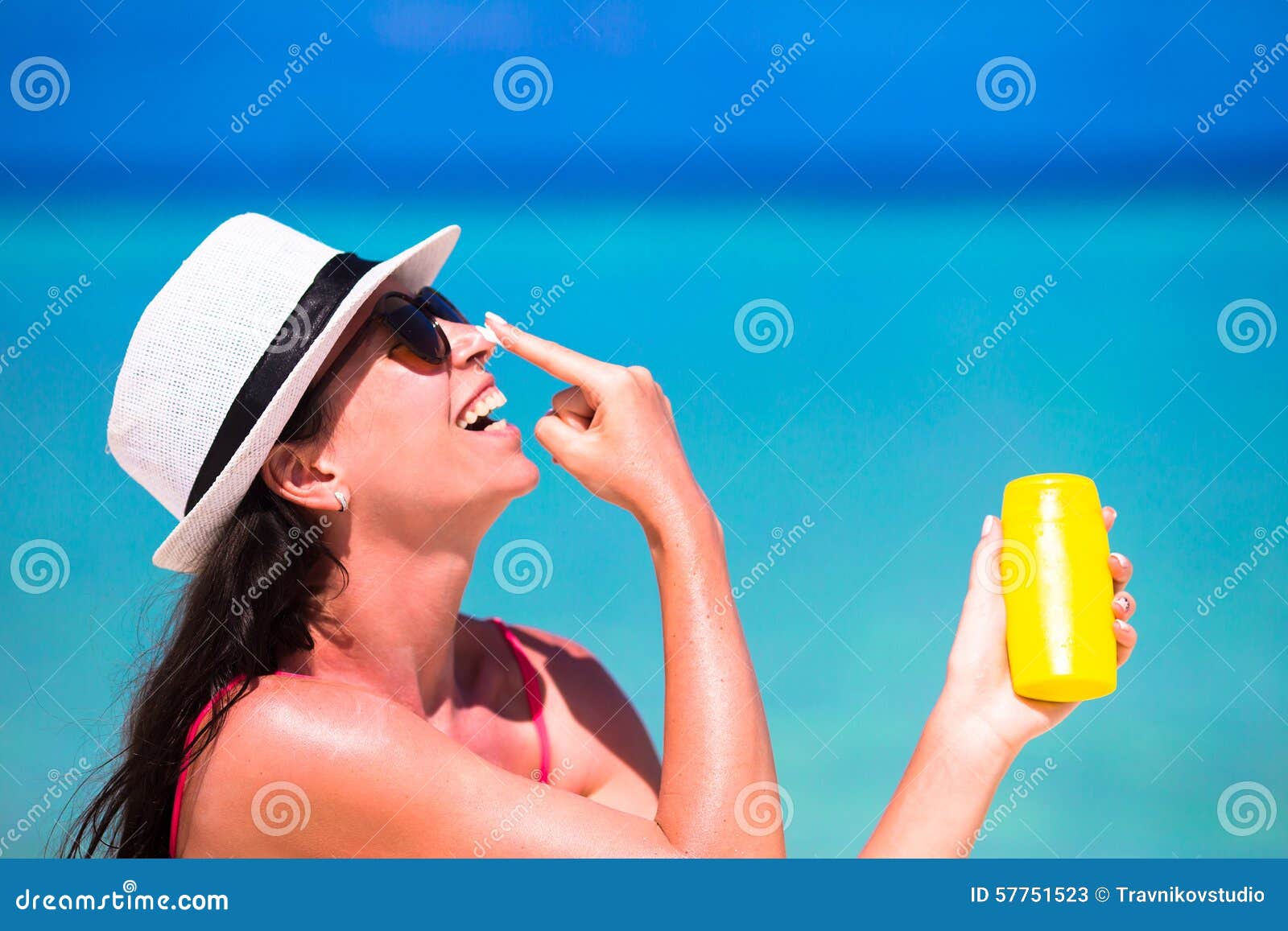 Young Happy Woman Applying Suntan Lotion on Her Stock Image - Image of ...