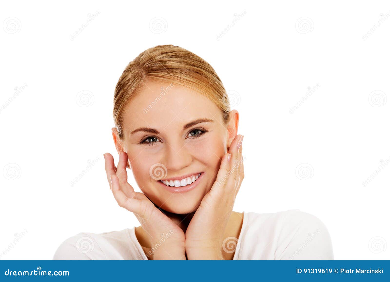 Young Happy Woman Holding Both Hands On Cheeks Stock Image Image Of