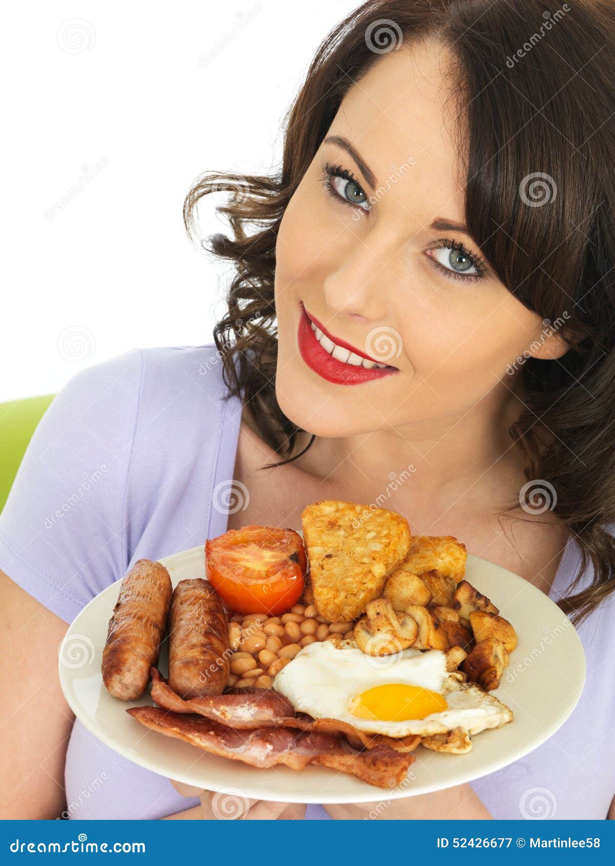 Young Happy Woman Holding Plate of <b>Full English</b> Breakfast - young-happy-woman-holding-plate-full-english-breakfast-dslr-royalty-free-image-attractive-white-two-sausages-cooked-52426677