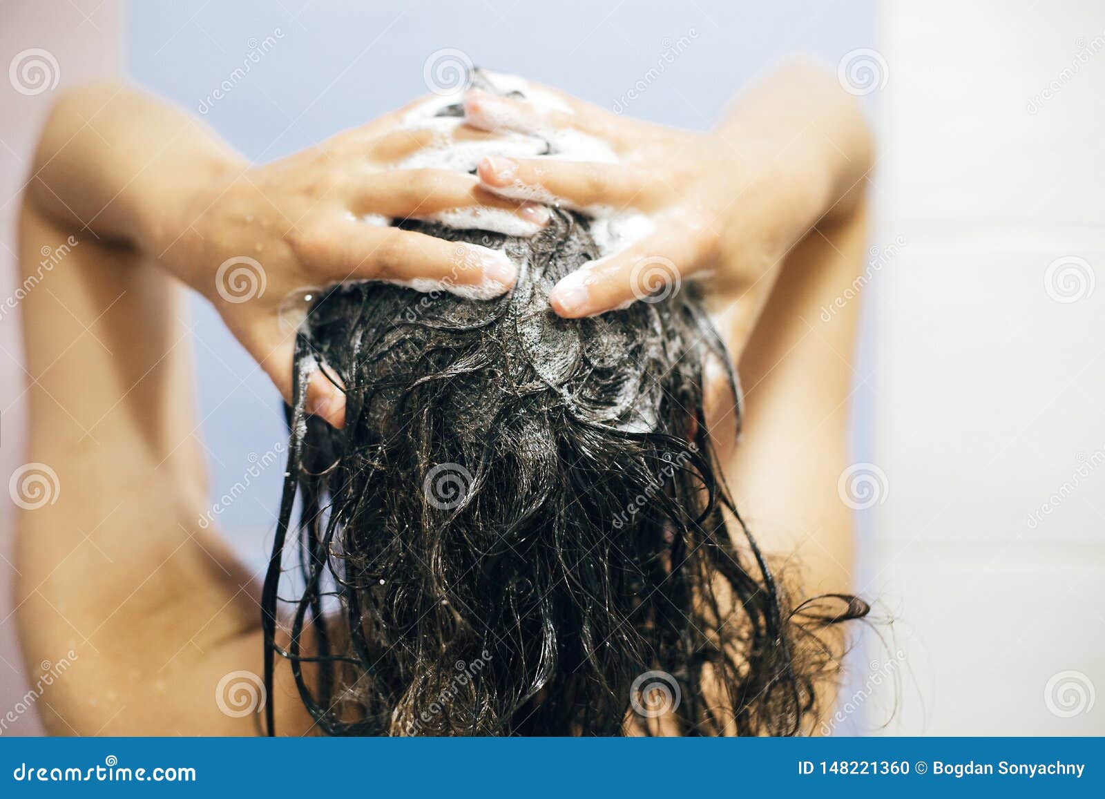 Young Happy Woman Washing Her Hair With Shampoo Hands With Fo