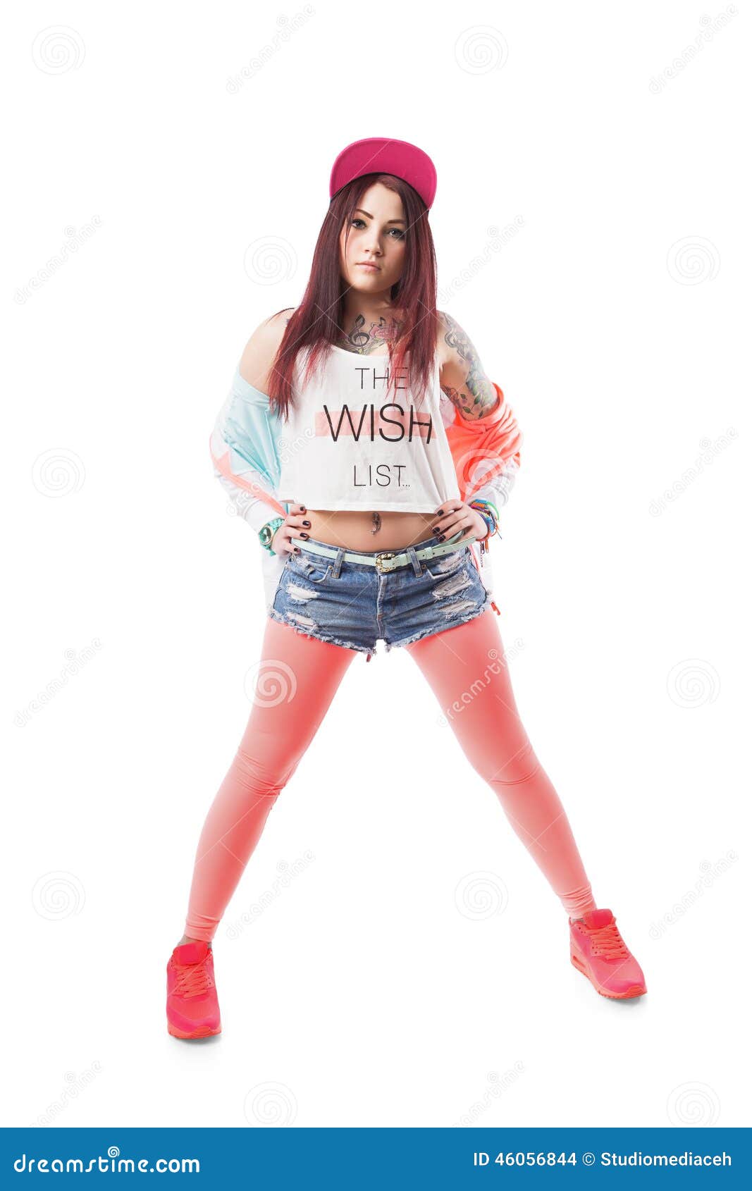 Young Hip-hop Swag Girl in Pink Tight Leggings, Crop Top and in Denim  Shorts with Red Hair. Stock Photo - Image of casual, hair: 46056844