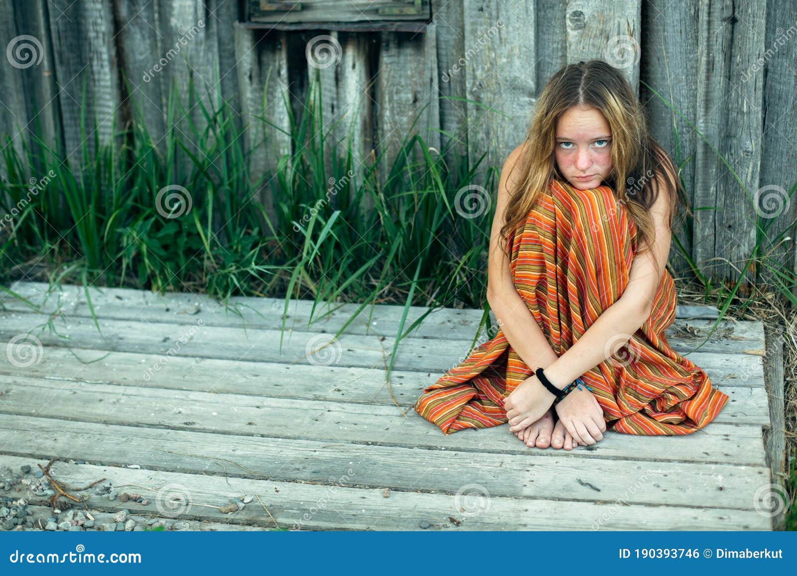 A Young Hippie Girl, Sit Outdoor in the Village. Nature. Stock Photo ...