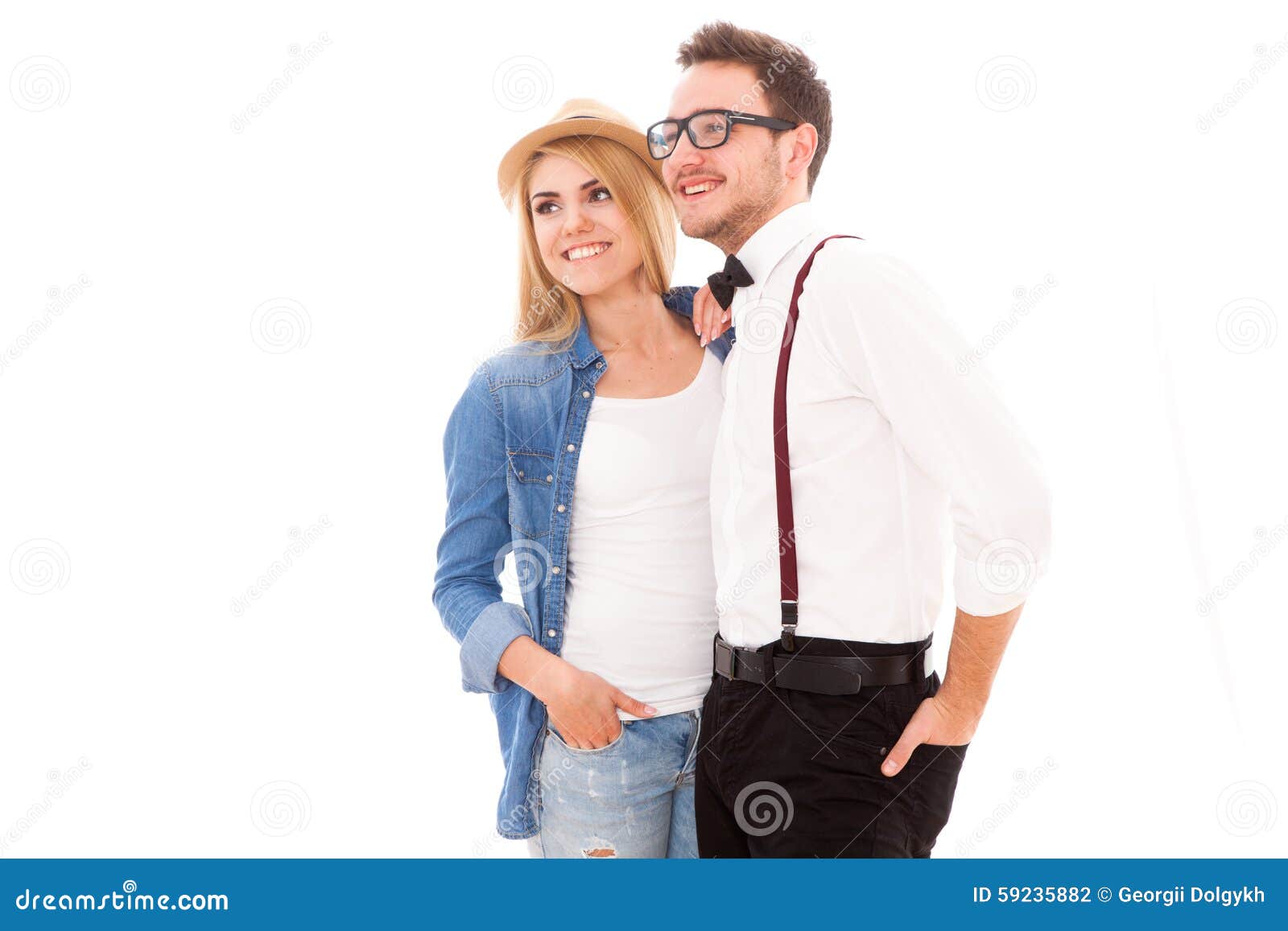 Young hipster couple. Young beautiful hipster couple isolated on white background
