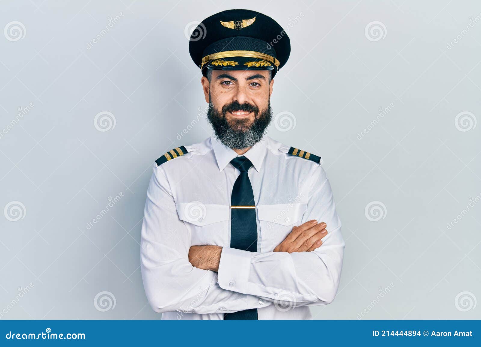 Young Hispanic Man Wearing Airplane Pilot Uniform Happy Face Smiling