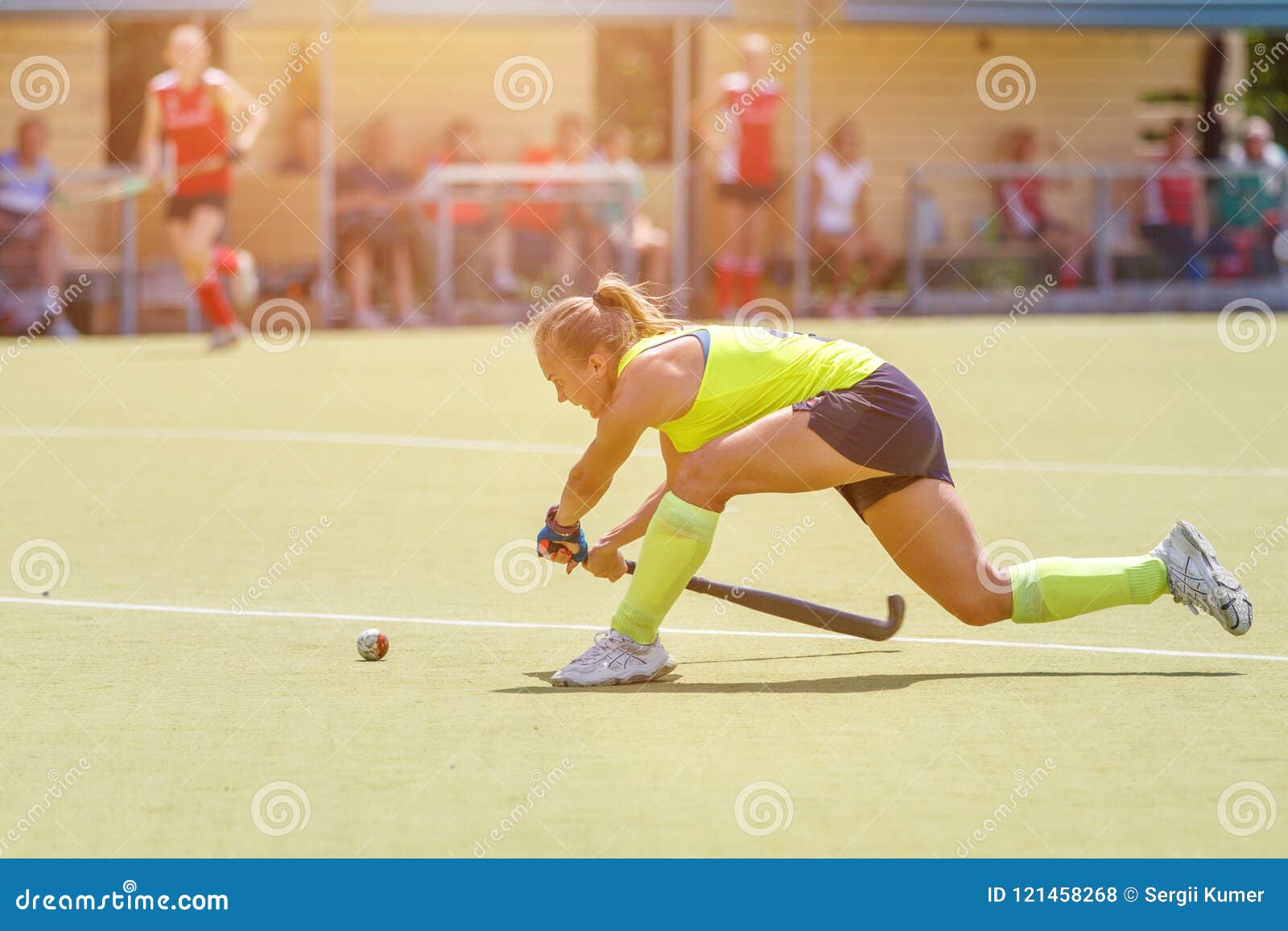 Young Hockey Player Hit Ball in Field Hockey Game Stock Photo Image