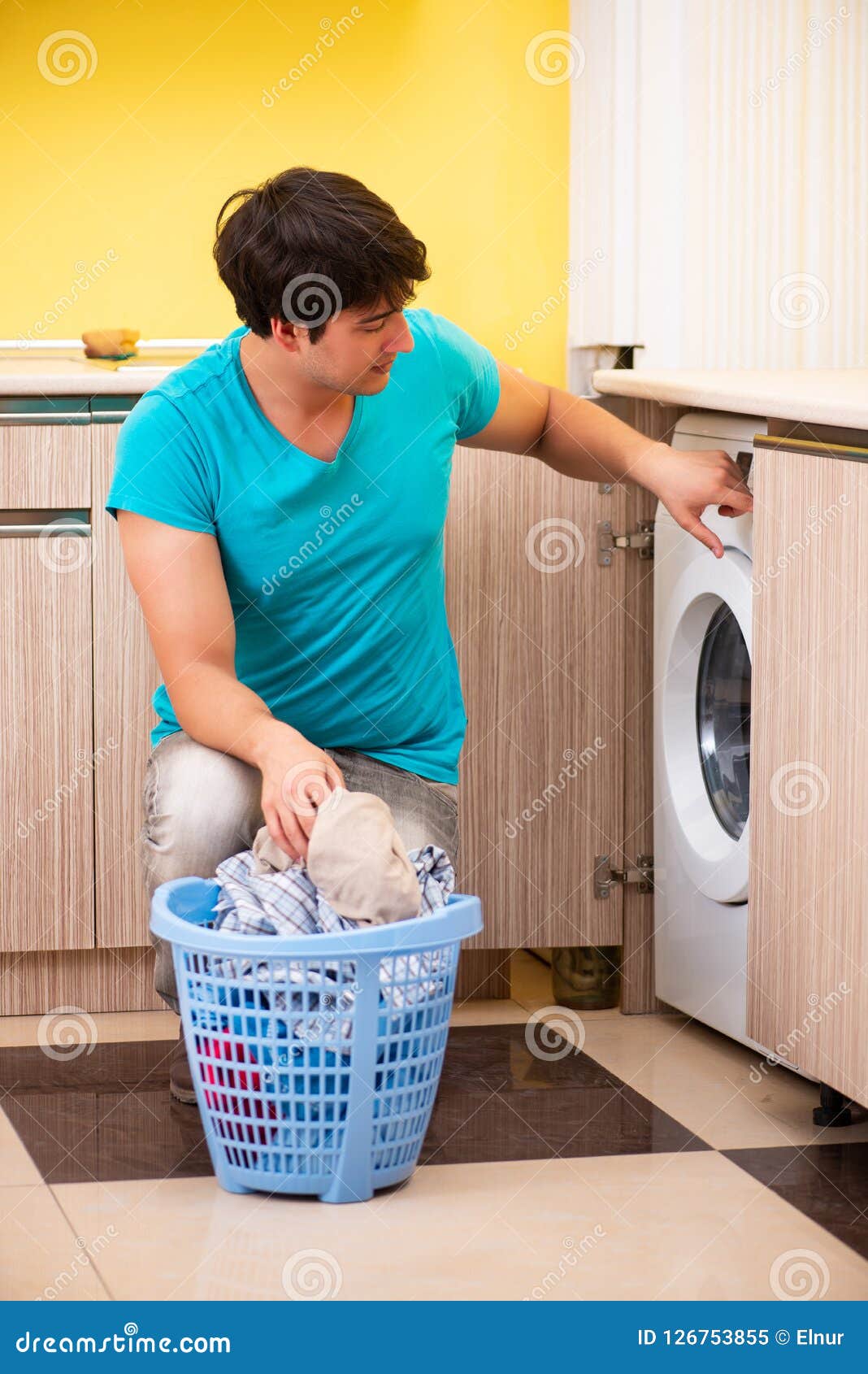 The Young Husband Man Doing Laundry at Home Stock Image Image of
