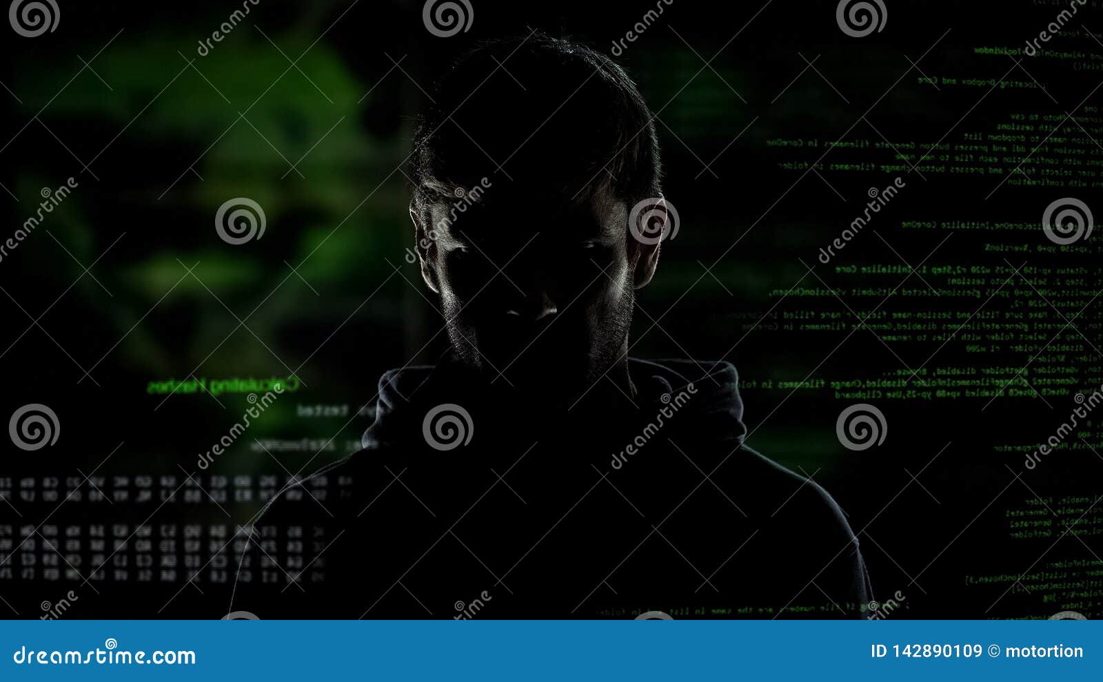young incognito man, internet hacker with numbers and code, cybercrime threat
