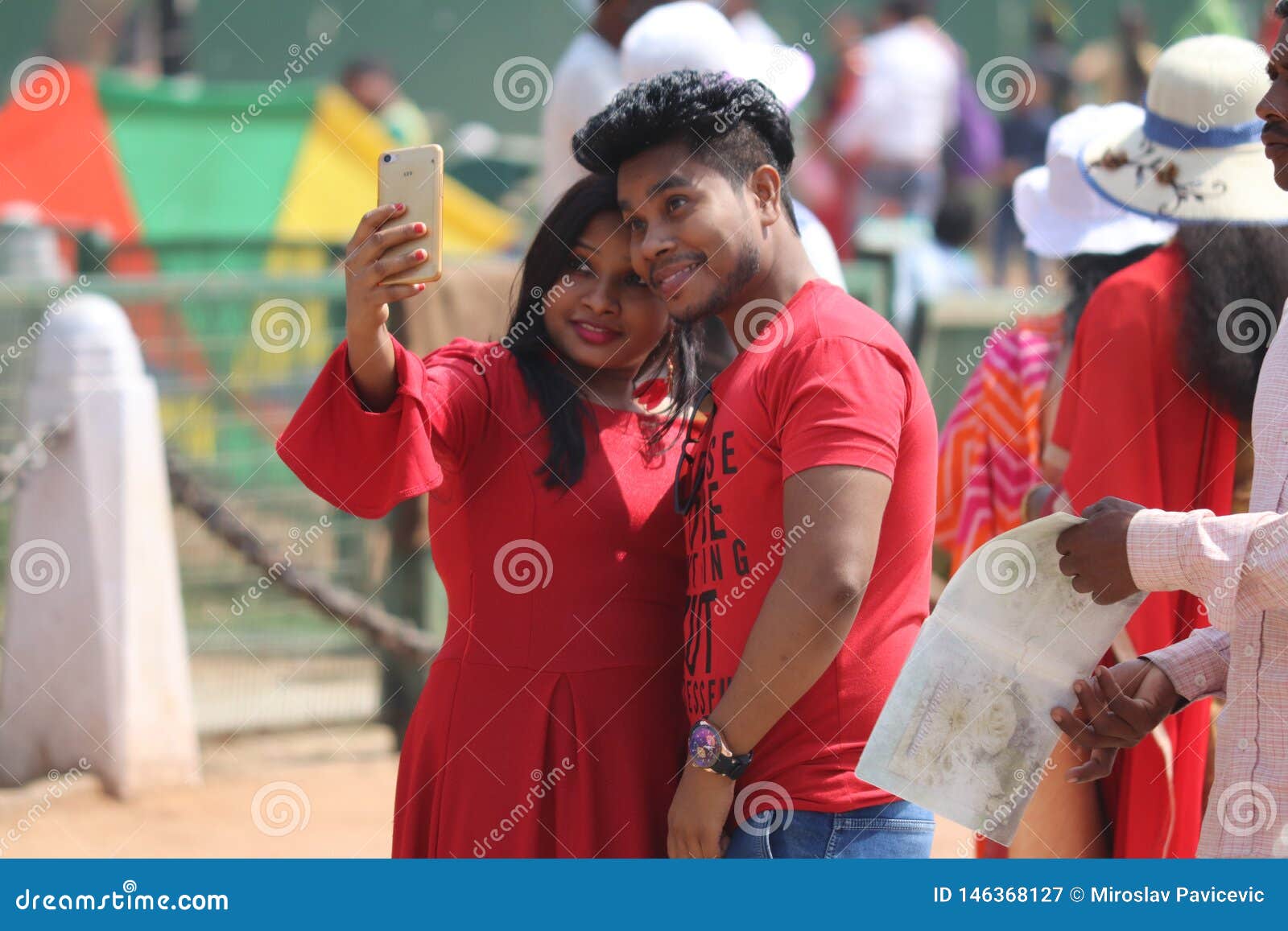 Young Indian Couple Taking Selfie On Streets Of New Delhi India 