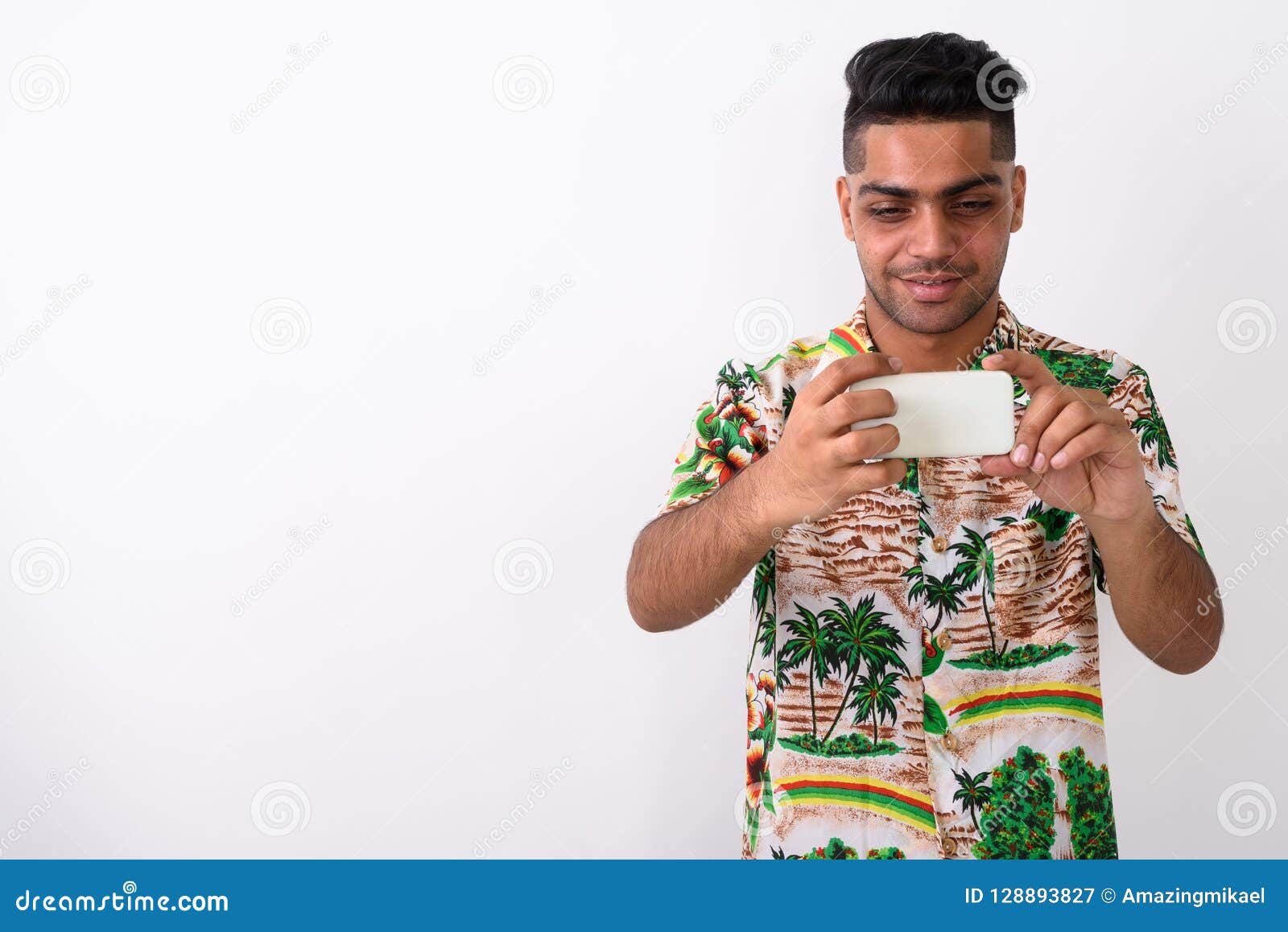 Young Indian Tourist Man Wearing Hawaiian Shirt Against White Ba Stock ...