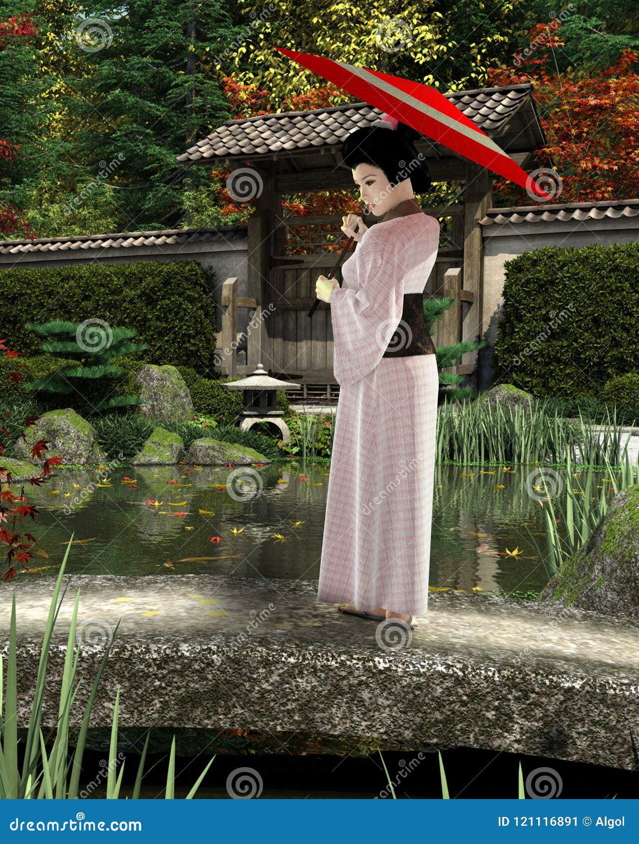Young Japanese Woman In Pink Kimono With Parasol Standing In A