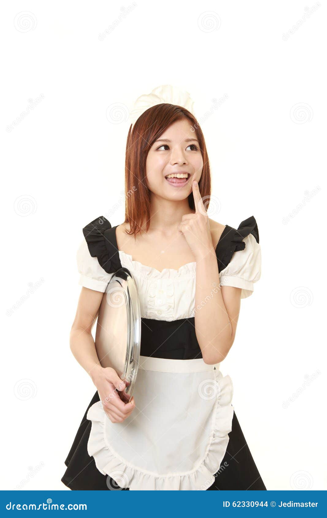 Young Japanese Woman Wearing French Maid Costume Thinks About Something ...