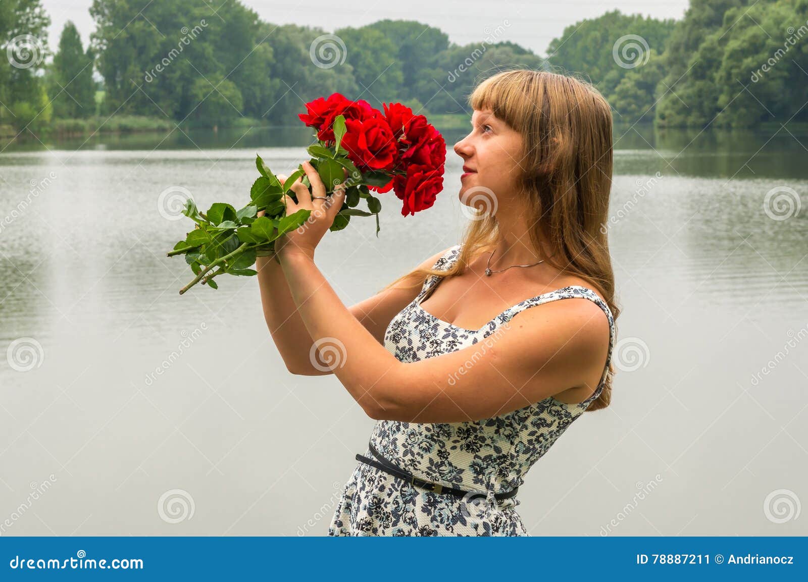 Young Lady by the Lake Holds a Roses Stock Image Image of nature