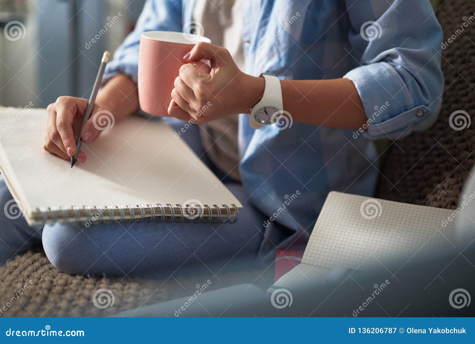 Young Lady with Mug of Hot Drink Creating Sketches Stock Image - Image