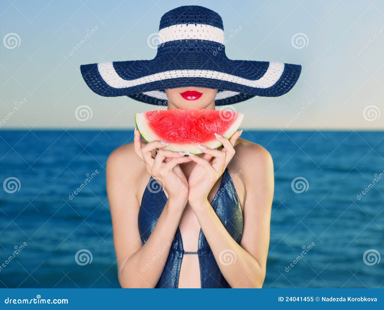 young lady at sea with watermelon