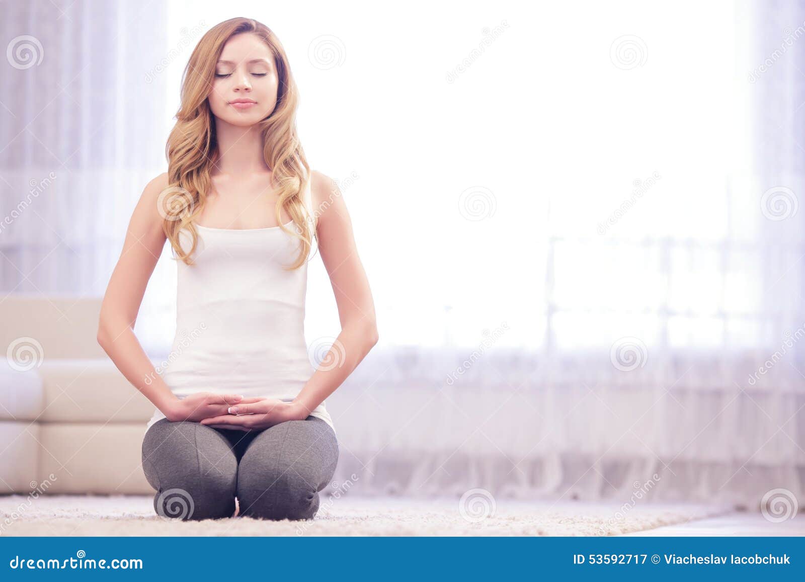 Young Lady Sitting On Her Knees Stock Image - Image of full, fitness