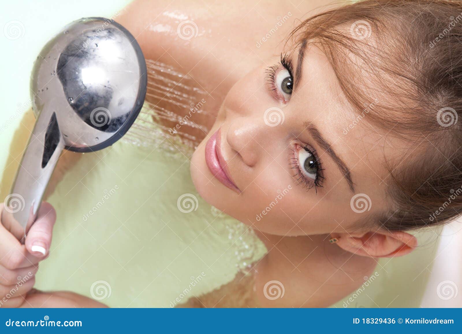 Young lady using shower stock photo. Image of fresh, bathtub 18329436