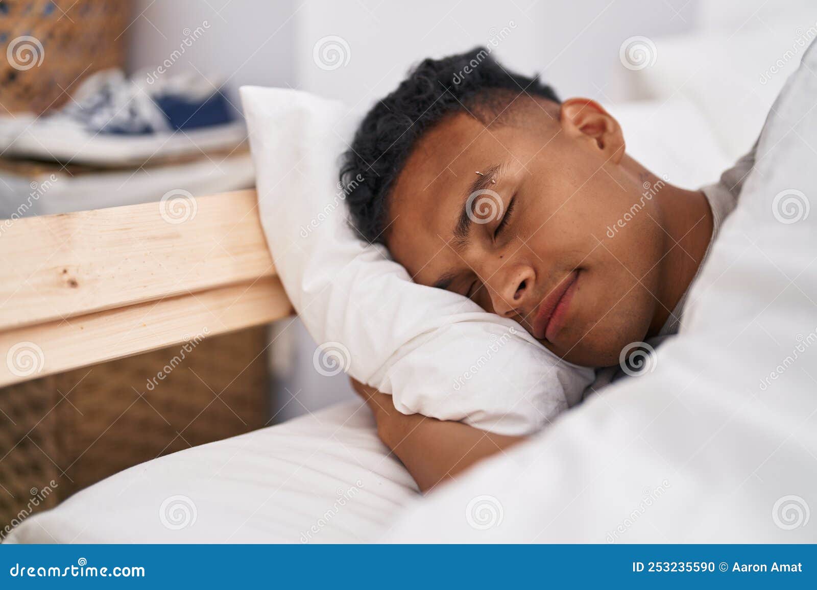 Young Latin Man Lying on Bed Sleeping at Bedroom Stock Photo Image of expression, person