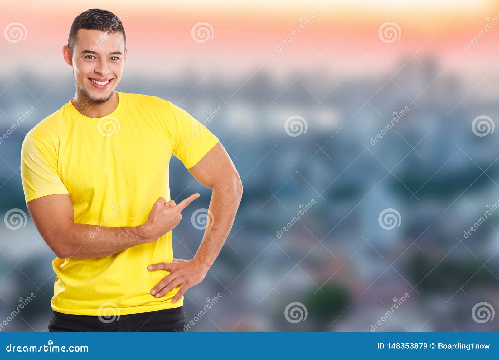 young latin man showing pointing marketing town ad advert people copyspace copy space