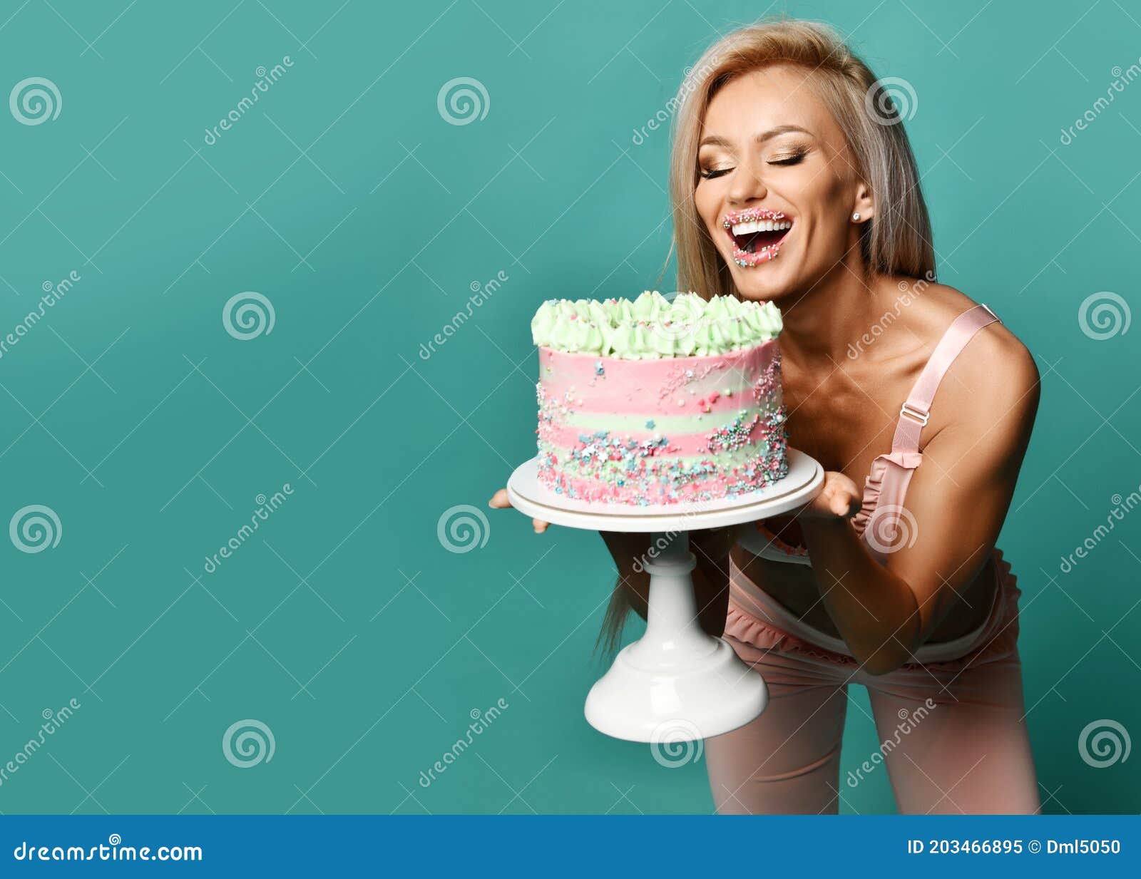 Young Laughing Beautiful Blonde Fitness Woman in Bra and Pants Holding  Birthday Holiday Cake with Cream Stock Image - Image of lifestyle,  attractive: 203466895