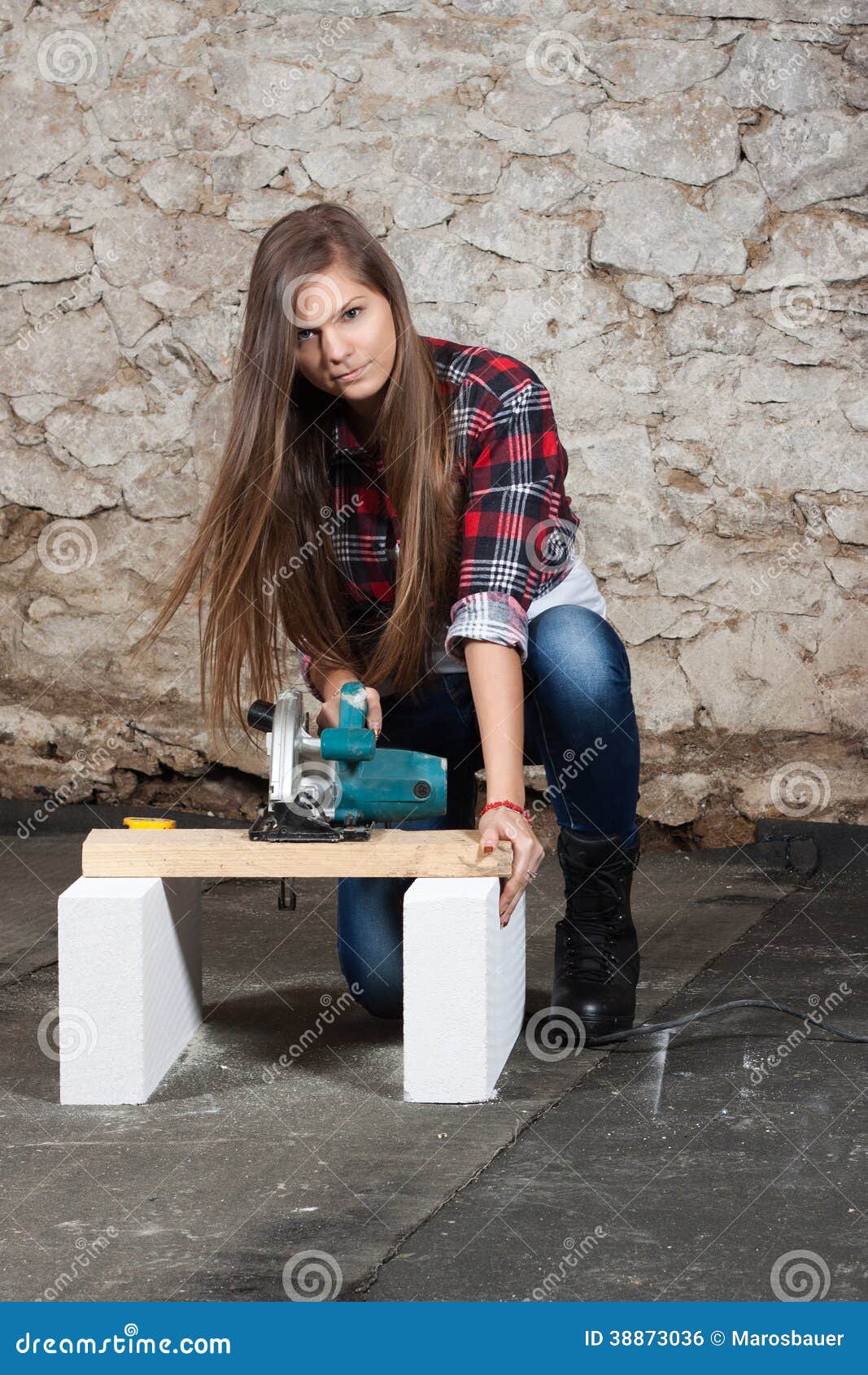 Young Long-haired Woman With A Circular Saw Stock Photo - Image: 38873036