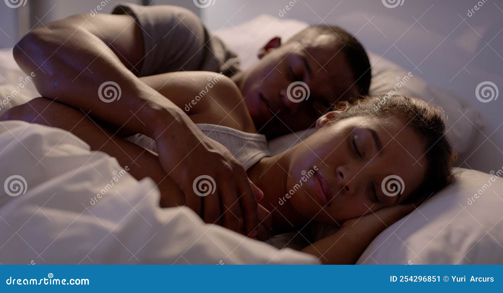Young Love, Married Couple Sleeping in Bed, Husband and Wife Under Blanket at Night at Home