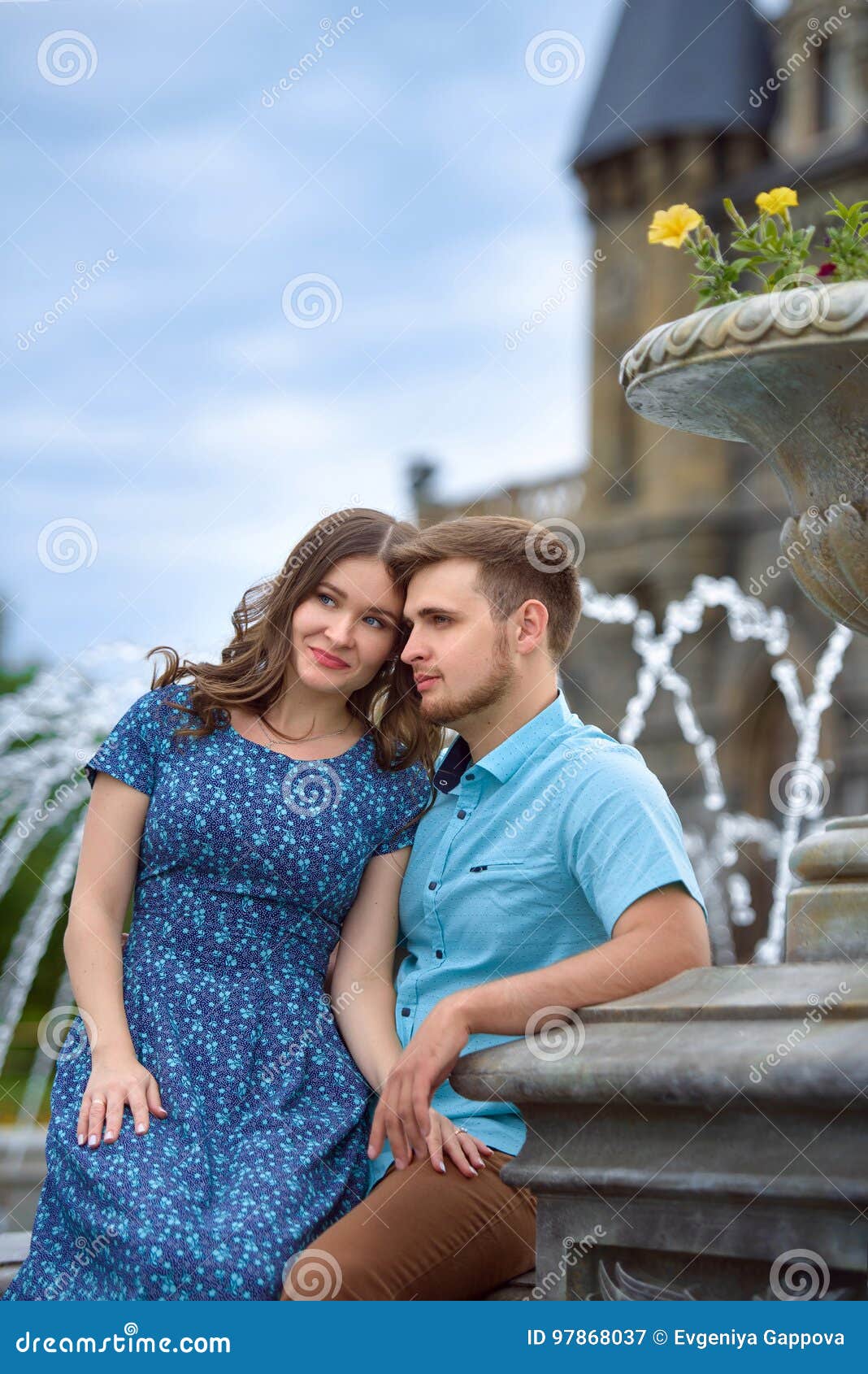 A Young Loving Couple Walking Near of the Castle. Wedding Trip To