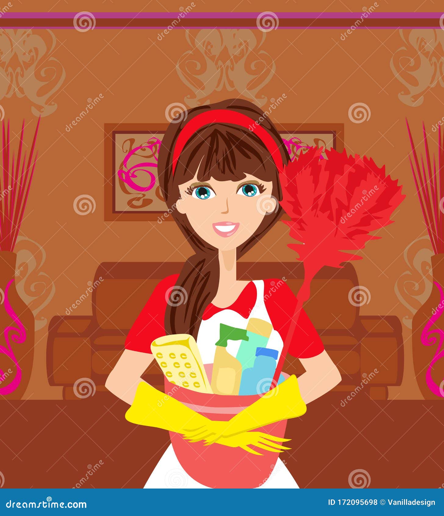 Young Maid Holding Cleaning Supplies Stock Vector Illustration of