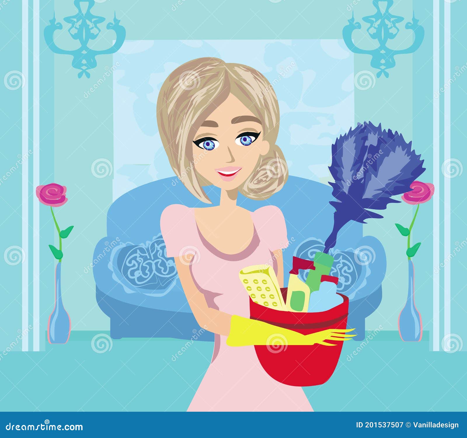 Young Maid Holding Cleaning Supplies Stock Vector Illustration of