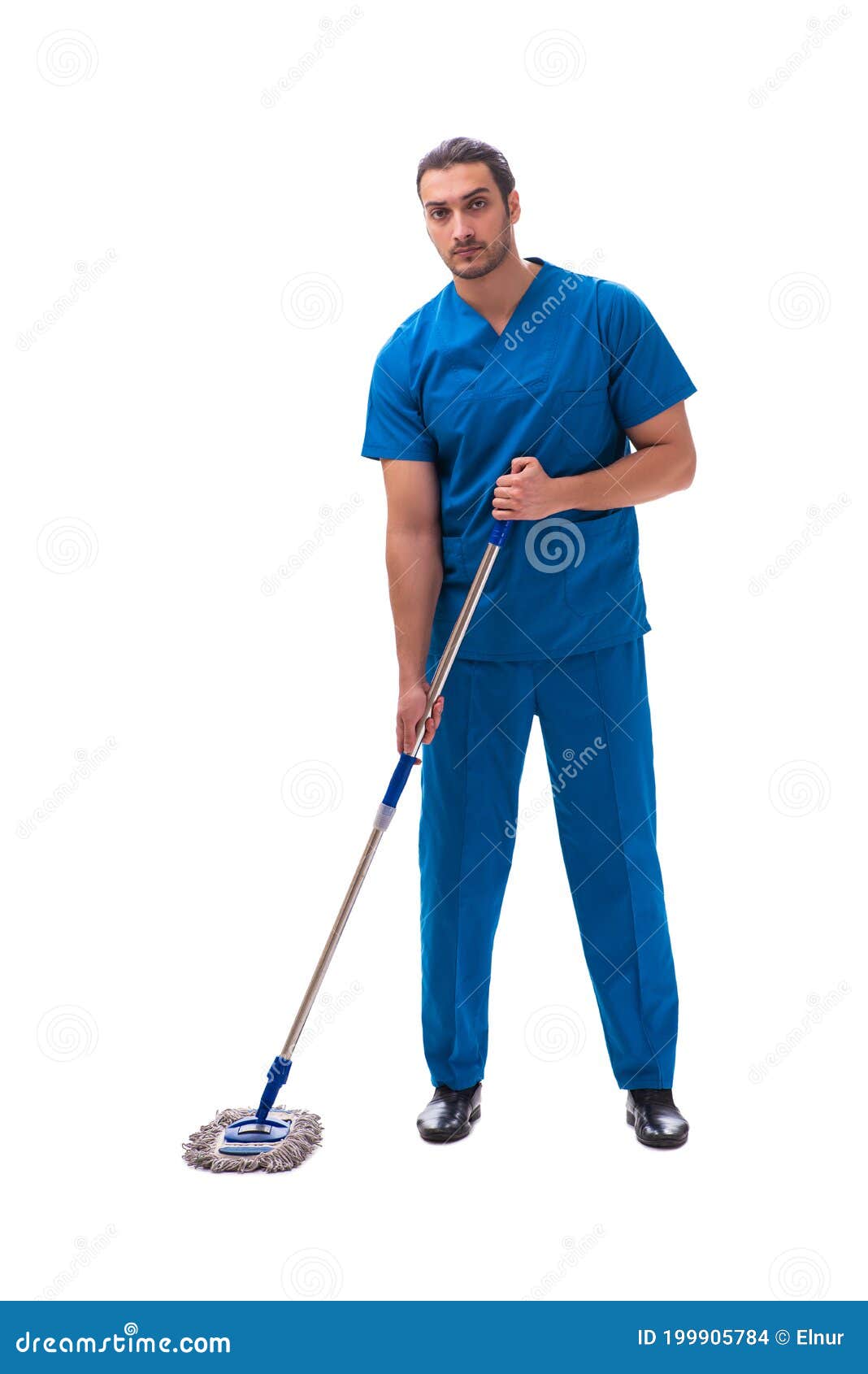 Young Male Assistant with Mop Isolated on White Stock Photo Image of