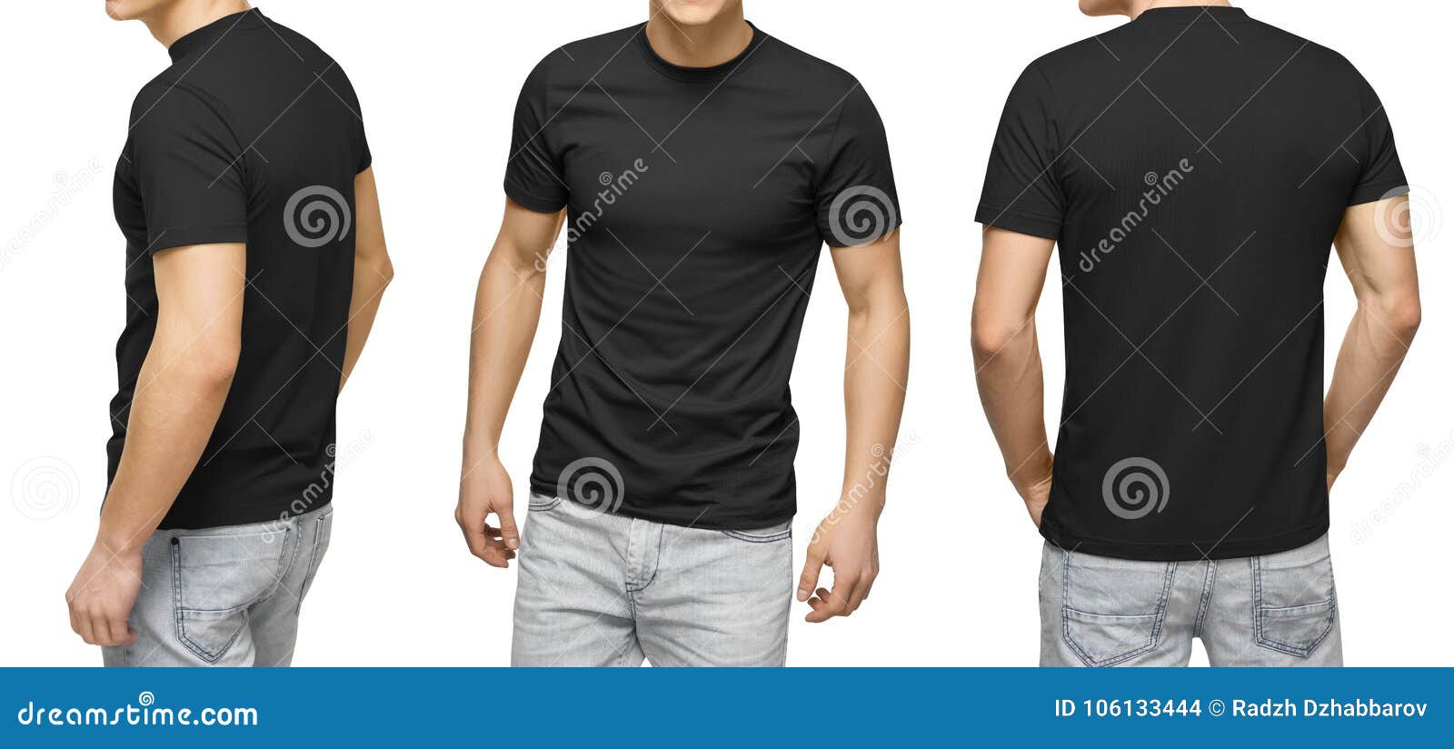 young male in blank black t-shirt, front and back view, white background .  men tshirt template and mockup for print