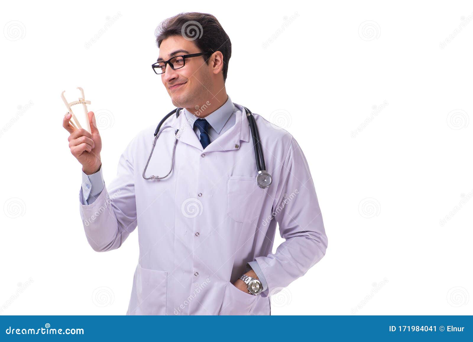 Young Male Doctor with Calipers Isolated on White Stock Image Image