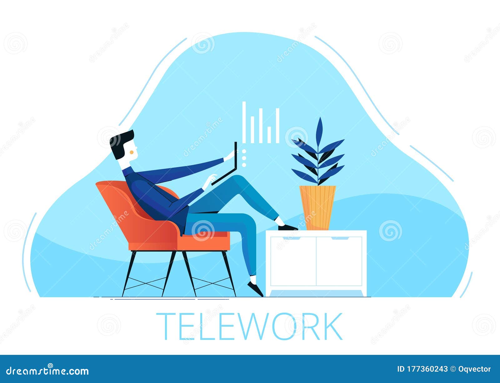 a young male freelancer sits in a chair and works remotely from home. the concept of telework during quarantine and