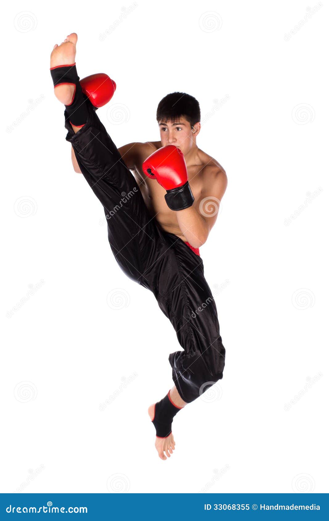 Young Male Kickboxer Handsome Caucasian Wearing Red Boxing Gloves Kickboxing Gear Isolated White Background 33068355 