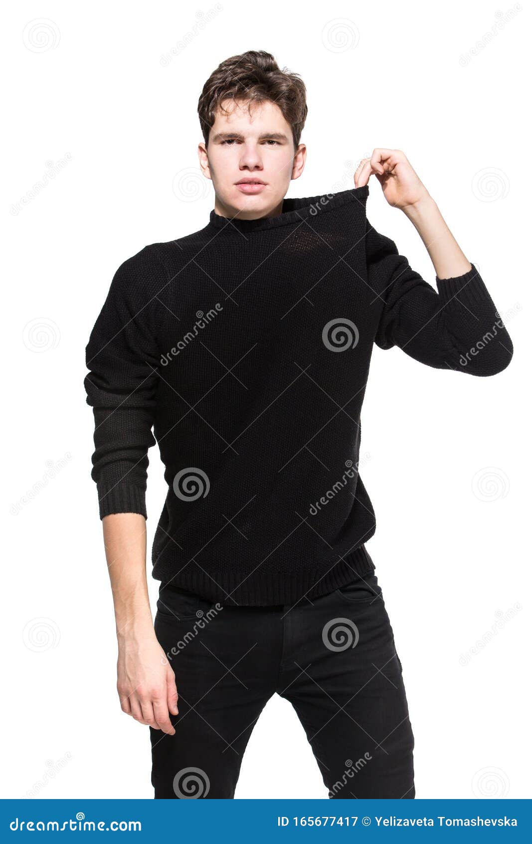 Young Male Model in Black Clothes Posing in Studio White Background ...