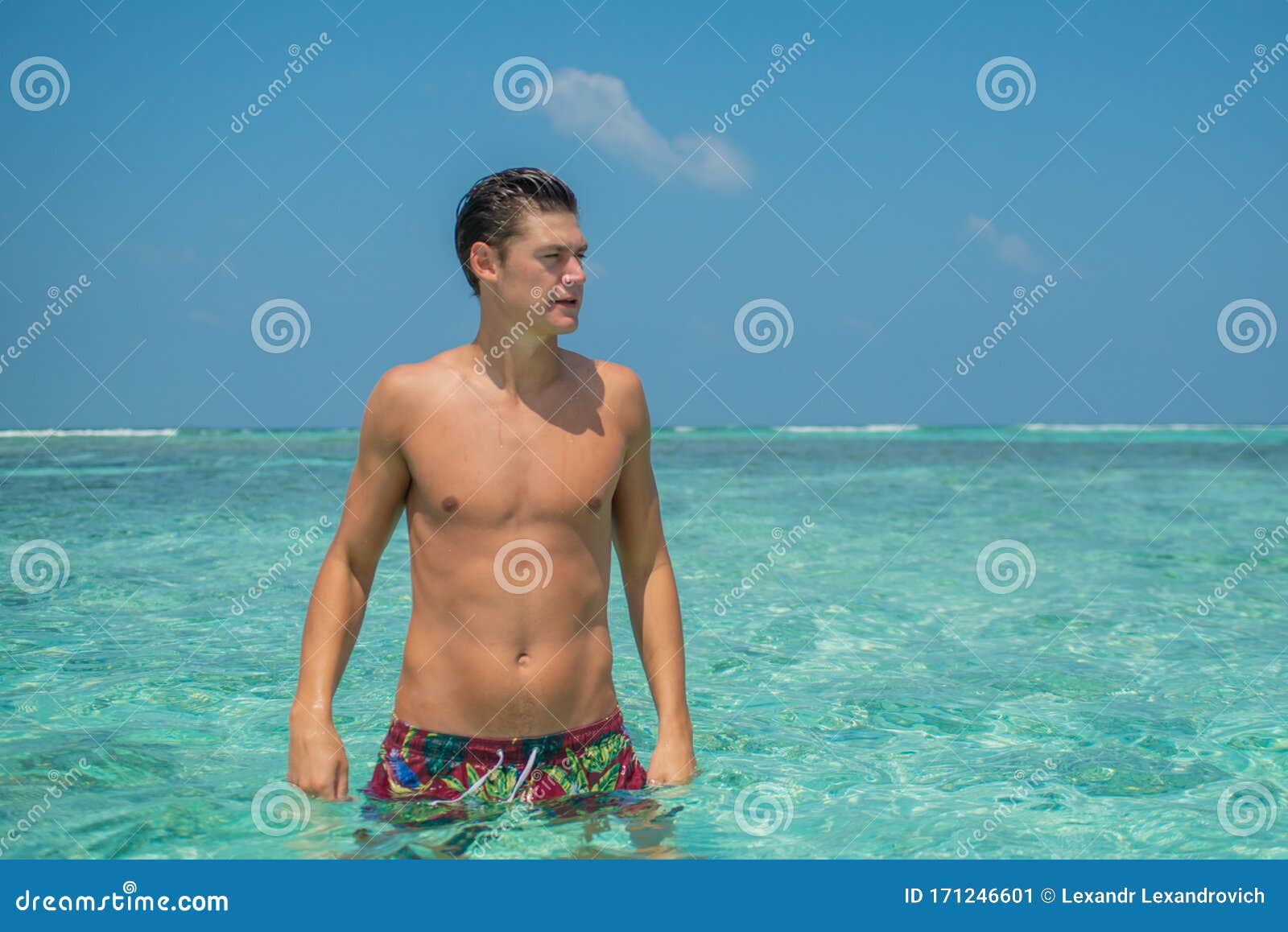 Young Male Model Guy in the Ocean at Tropical Sandy Beach at Island ...