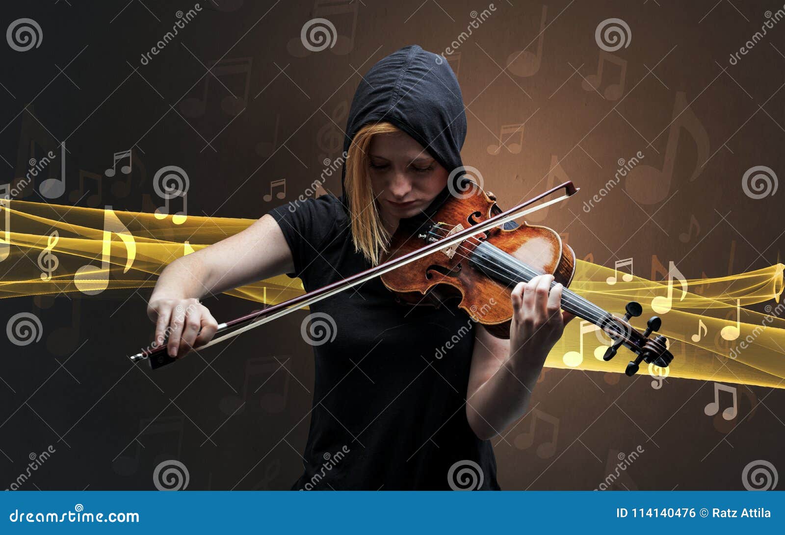 musician playing on violin with notes around