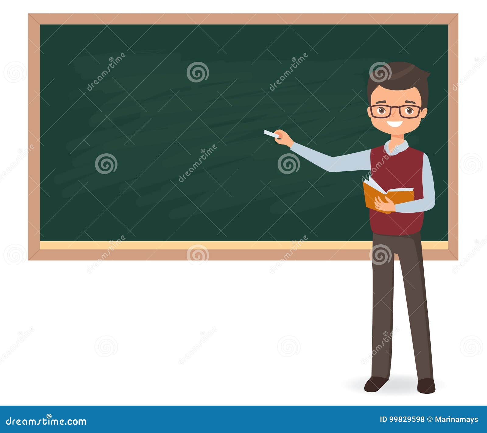 young male teacher is writing chalk on a school blackboard