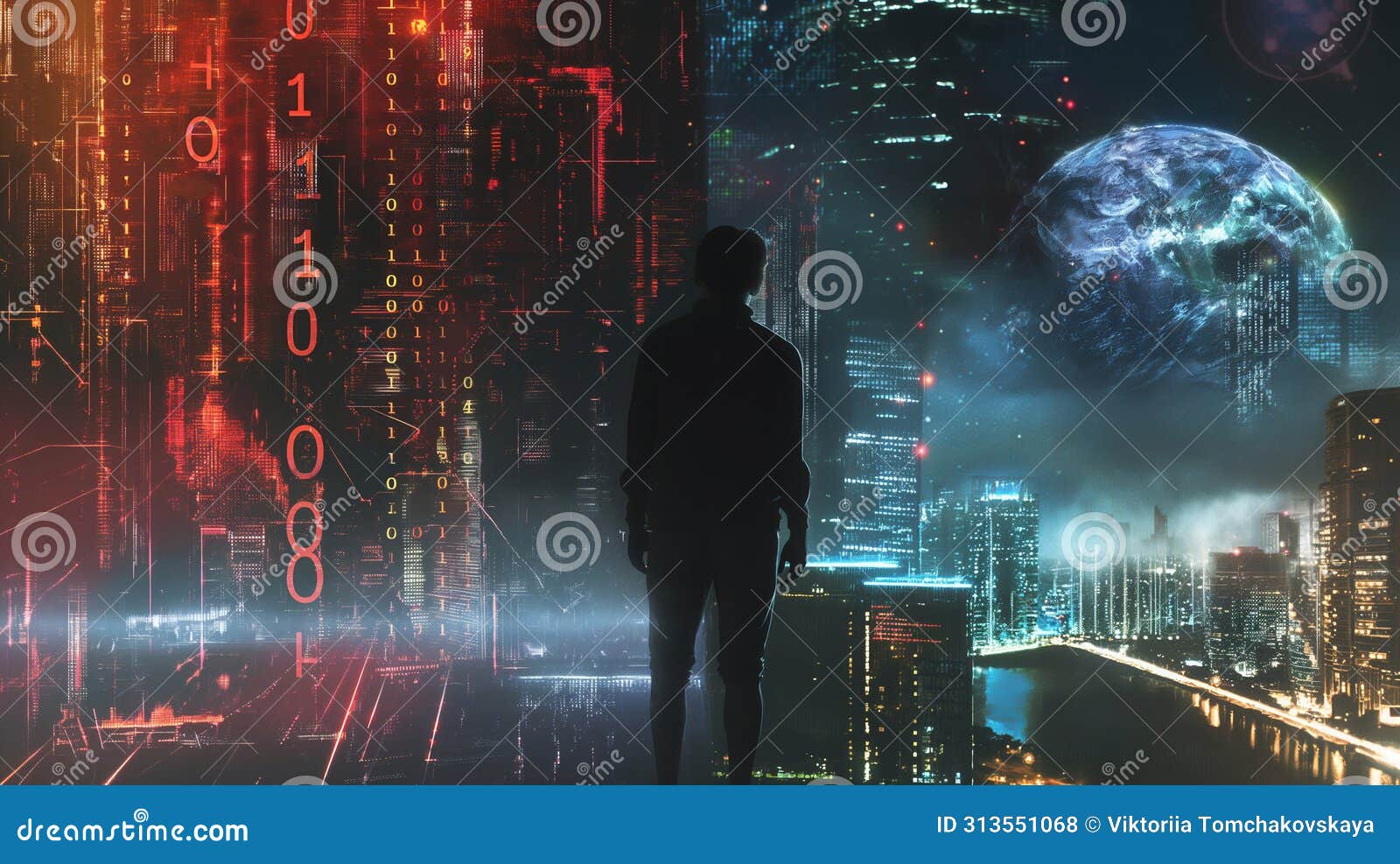 young man amid digital code and futuristic city. digits ize ai, programmer