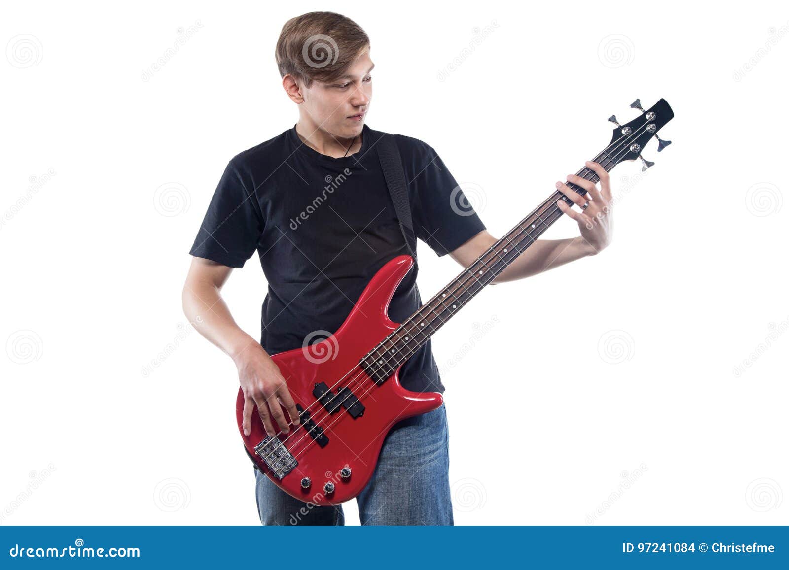 Young man with bass guitar stock photo. Image of instrument 97241084