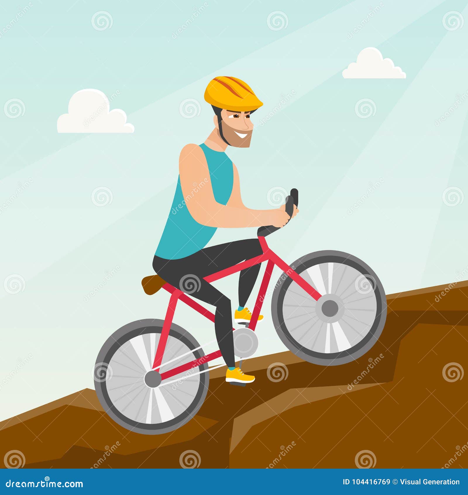 Young Man on Bicycle Traveling in the Mountains. Stock Vector ...