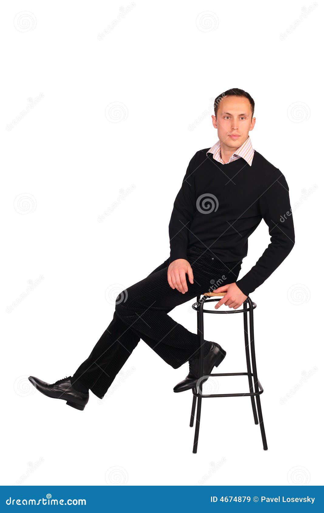 Young Man in Black Sits on Stool Stock Image Image of collar