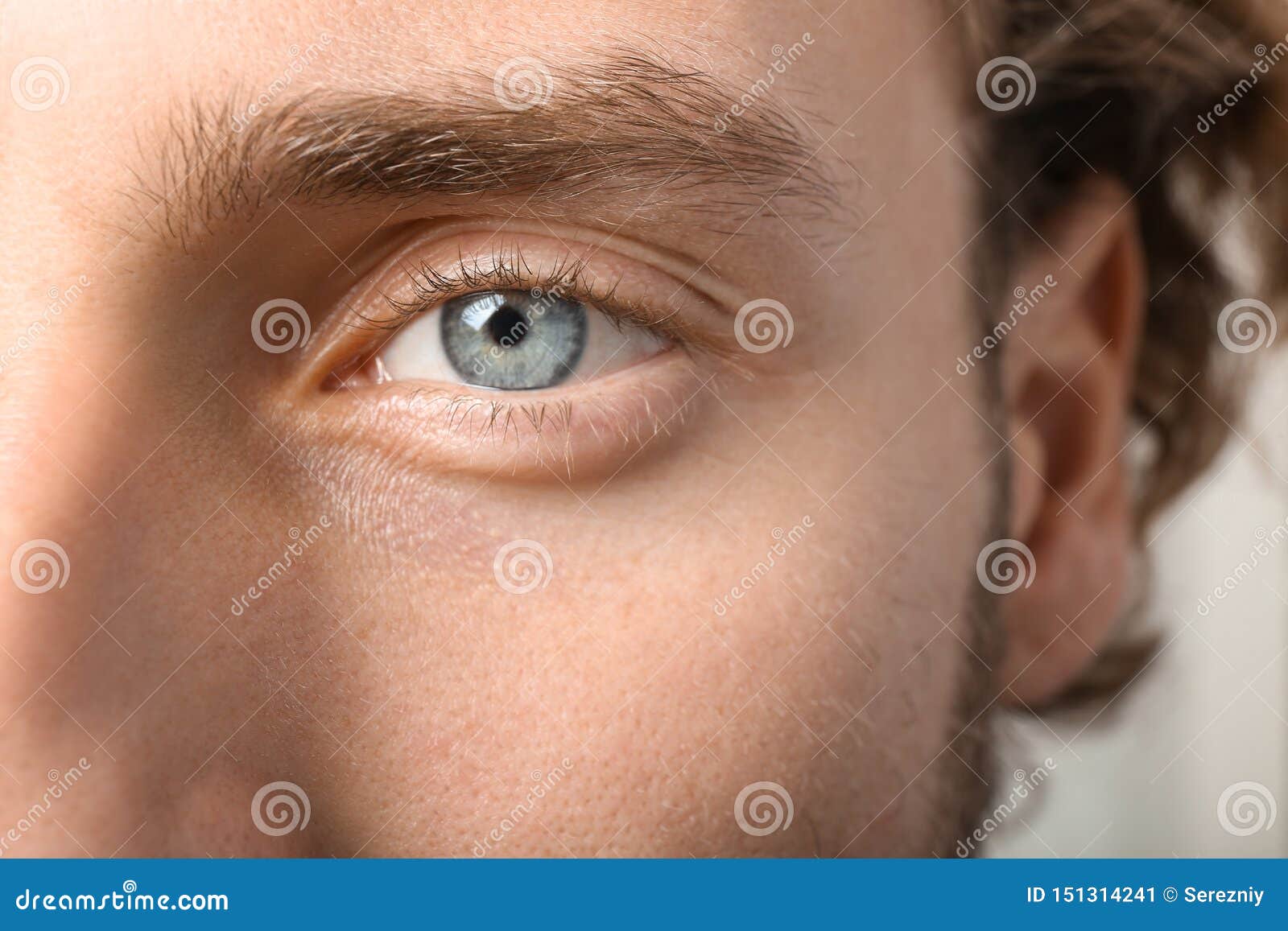 Close-up Shot Of Man's Eye. Man With Blue Eyes. Stock Photo