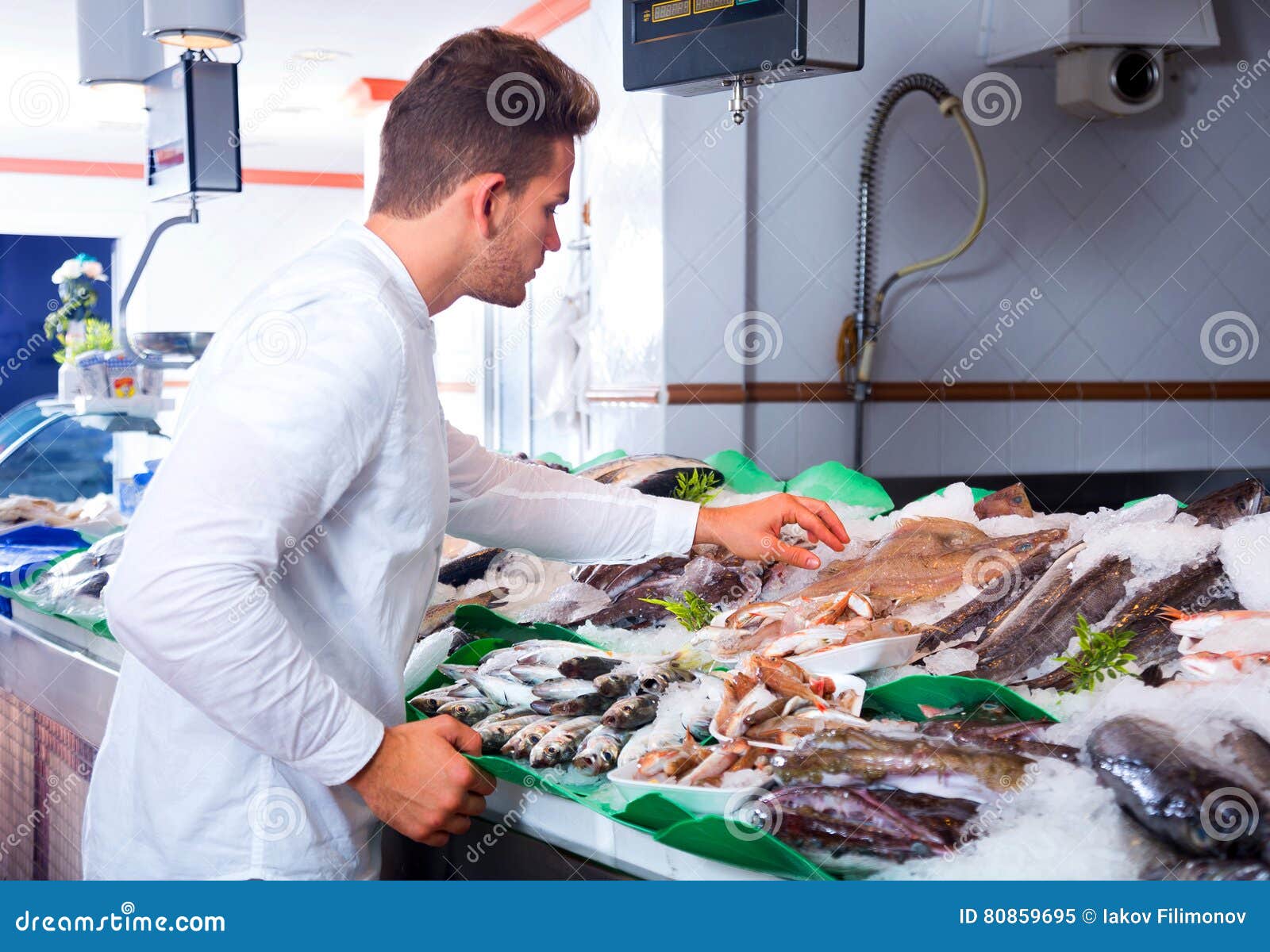 Young man choosing seafood stock image. Image of russian 80859695