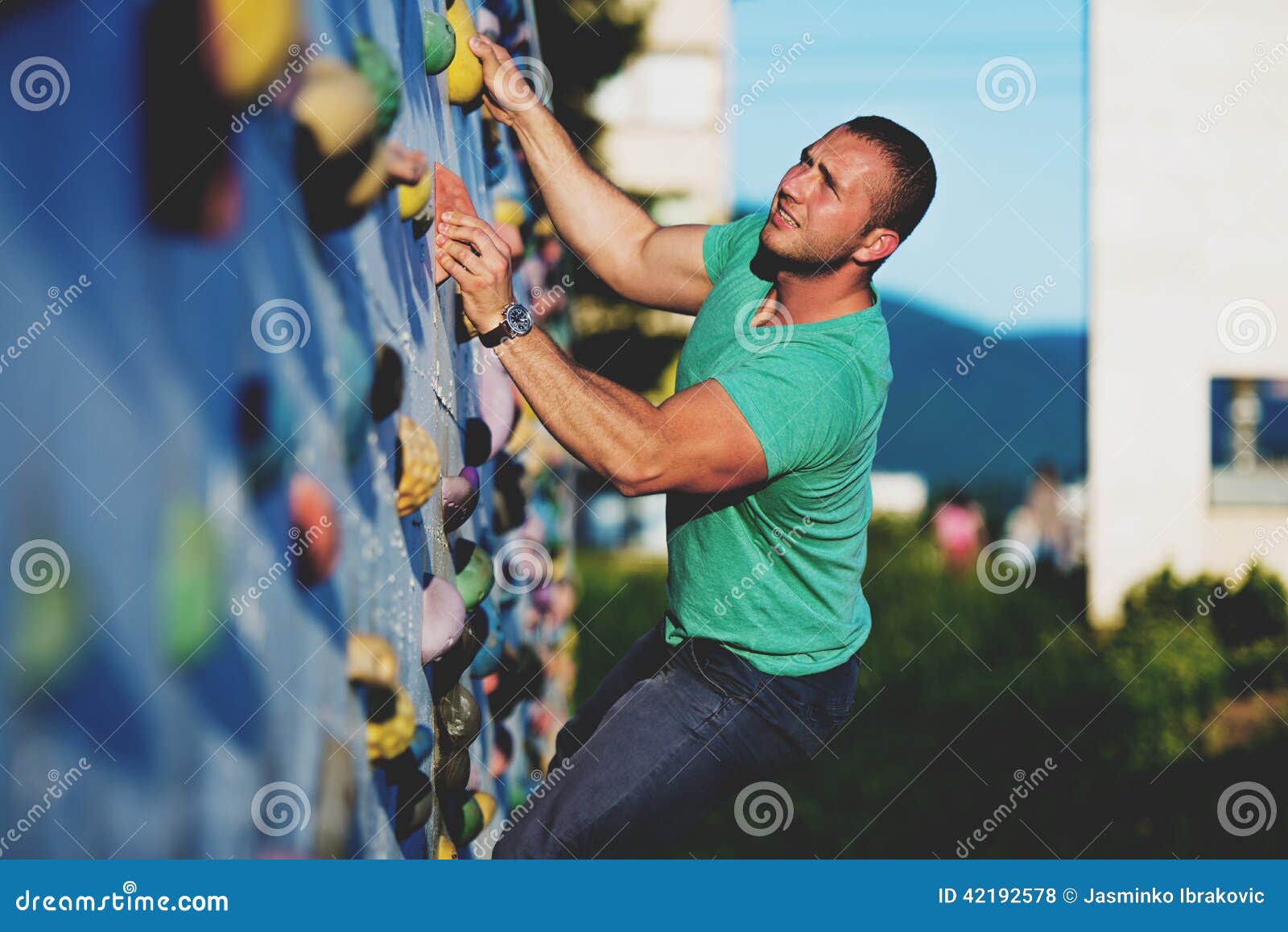 Young Man Climbing Wall Rock Outdoors Stock Photo Image of extreme