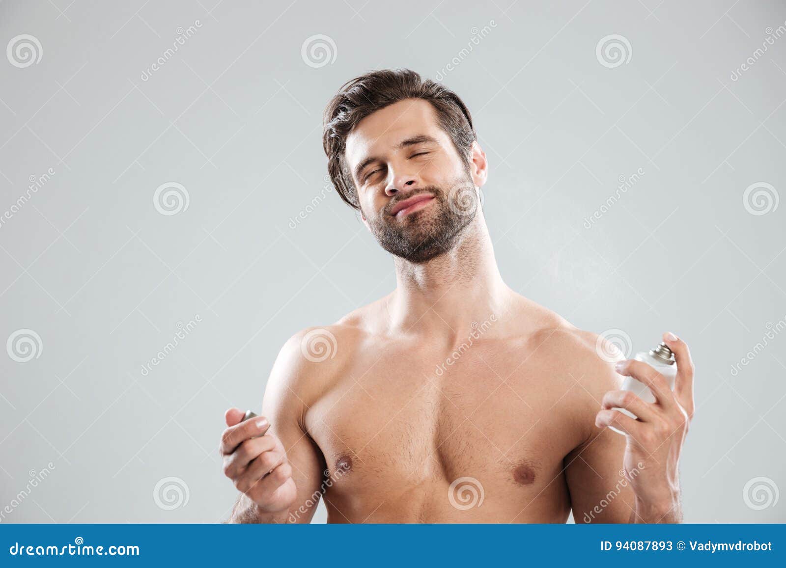 Young Man Closing Eyes while Using Perfume Stock Image Image of adult