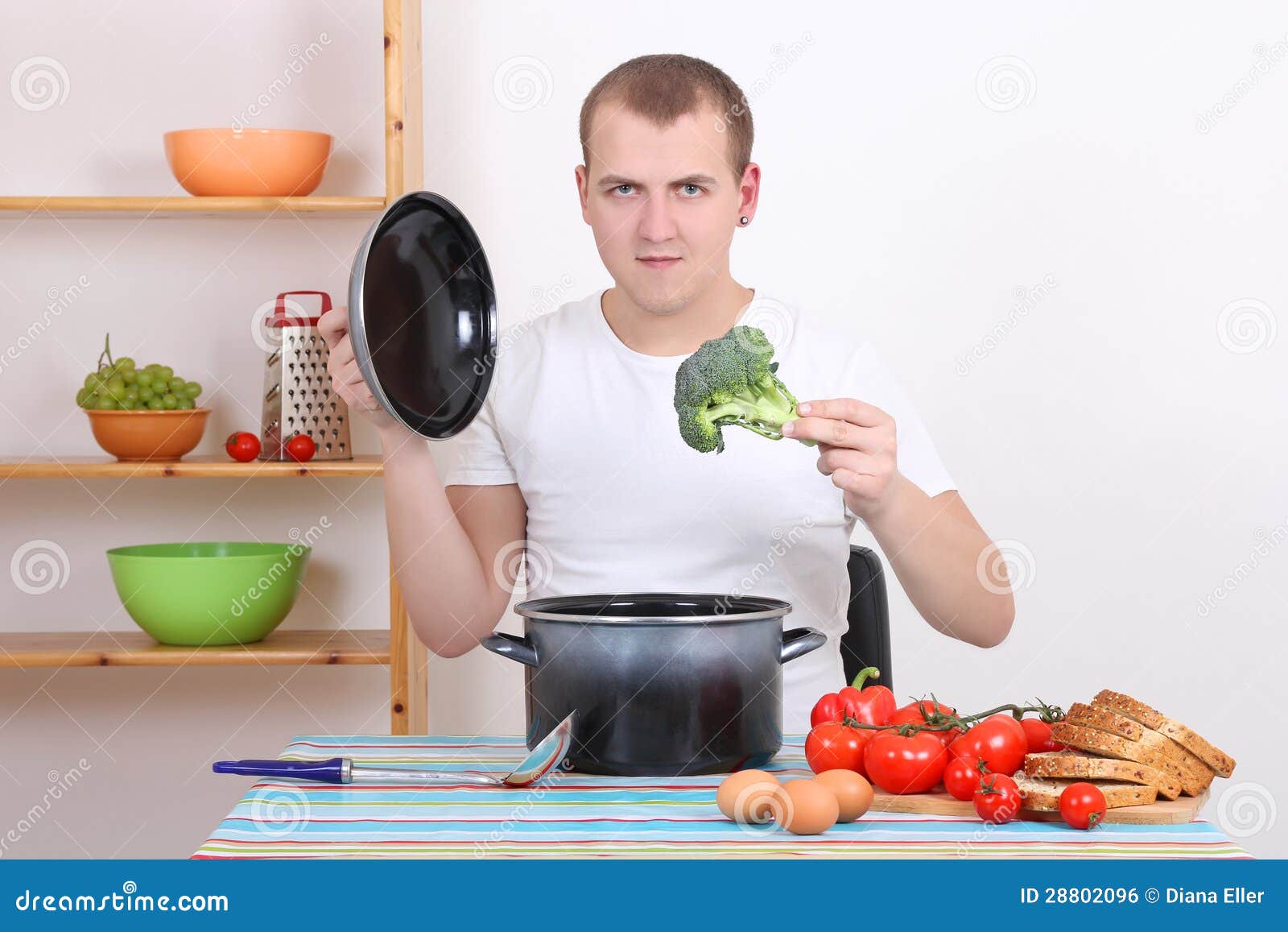 Young Man Cooking Soup in the Kitchen Stock Photo Image of bread