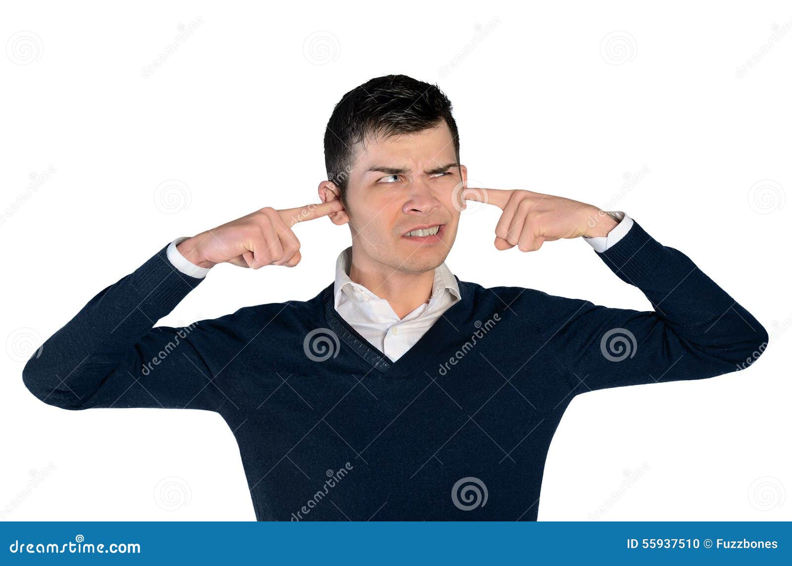 Young man cover ears stock photo. Image of loud, head 55937510