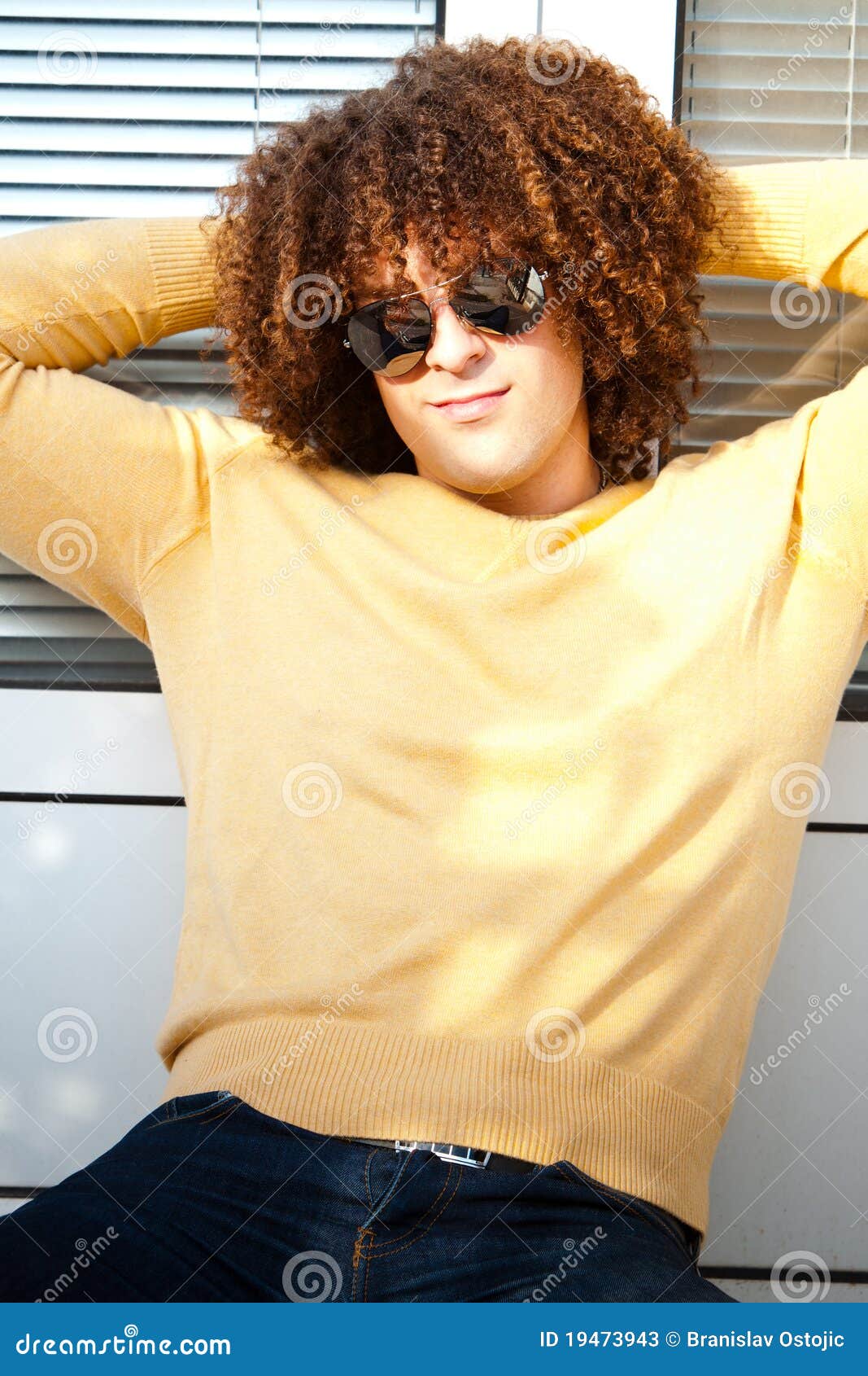Young Man with Curly Hair and Sunglasses Stock Image Image of curly